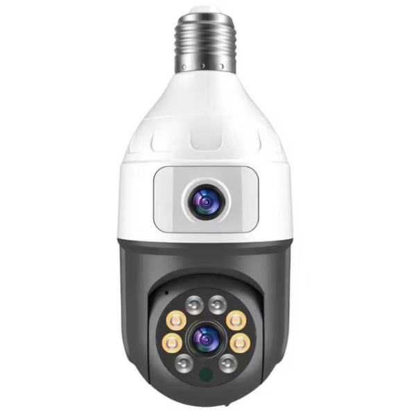 Camera Inteligenta De Supraveghere, cu 2 Lentile, Tip Bec, Senzor de Miscare, Conexiune Wifi, Aplicatie Telefon si Microfon Incorporat