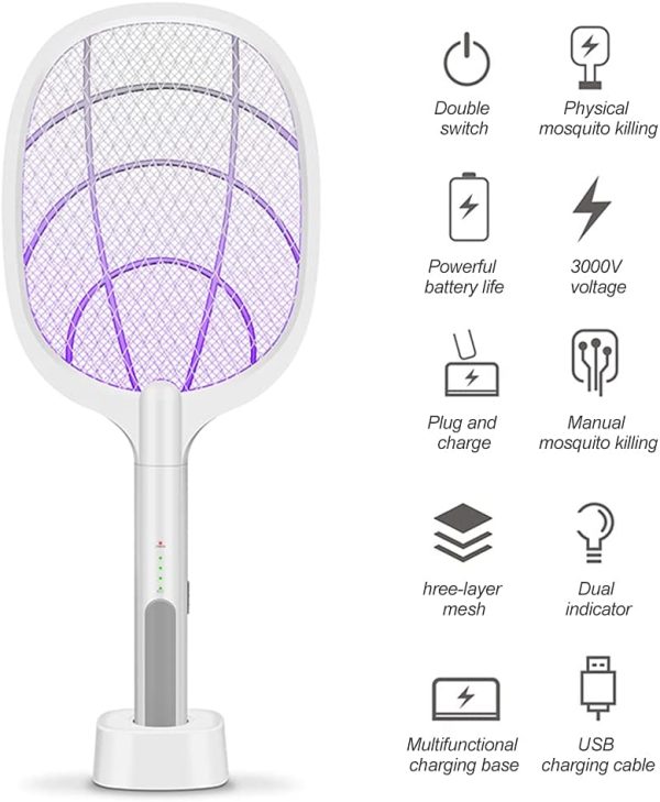 Paleta electrica anti tantari si insecte 2IN1cu lumina inclusa, stativ birou, utilizare manuala sau automata acumulator 2000mAh 3500V