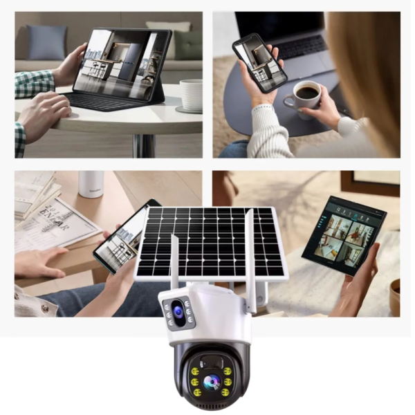 Camera de supraveghere dubla wireless cu panou solar si rotire 355°, 4MP, control telefon, 1080p, WiFi, vedere nocturna infrarosu