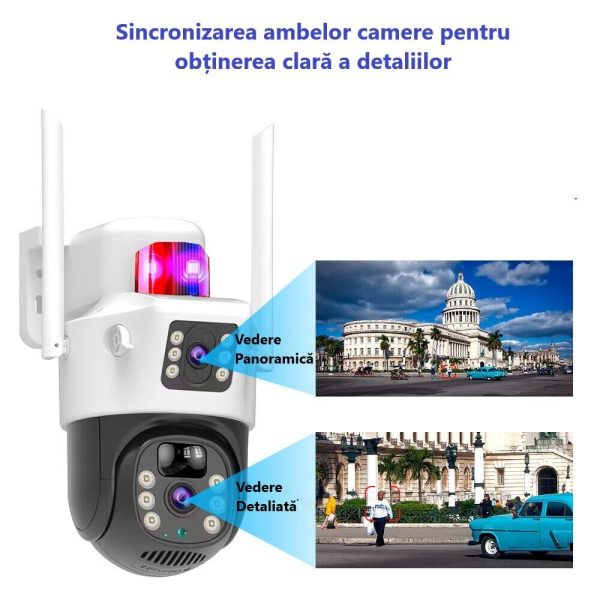 Camera de supraveghere dubla wireless cu panou solar si rotire 355°, 4MP, control telefon, 1080p, WiFi, vedere nocturna infrarosu
