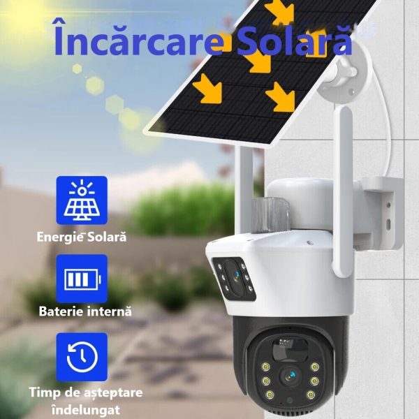 Camera de supraveghere dubla wireless cu panou solar si rotire 355°, 4MP, control telefon, 1080p, WiFi, vedere nocturna infrarosu
