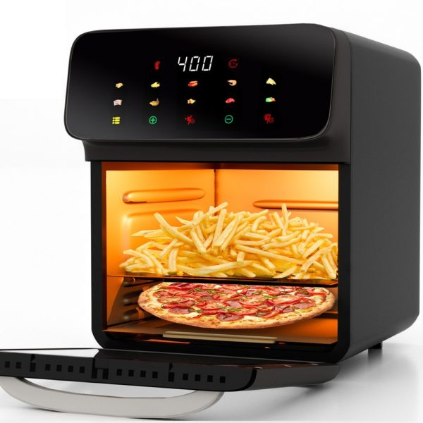 Friteuza cu Aer Cald, Airfryer, Capacitate 8L, 1350W, Gatire pe 3 Nivele, 10 Programe, Multifunctional, Temperatura Ajustabila, Ecran cu Touch Screen, Manusa si 2 Tavi Incluse, Gri