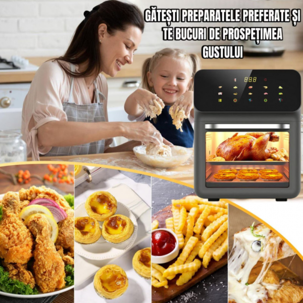 Friteuza cu Aer Cald, Airfryer, Capacitate 8L, 1350W, Gatire pe 3 Nivele, 10 Programe, Multifunctional, Temperatura Ajustabila, Ecran cu Touch Screen, Manusa si 2 Tavi Incluse, Gri