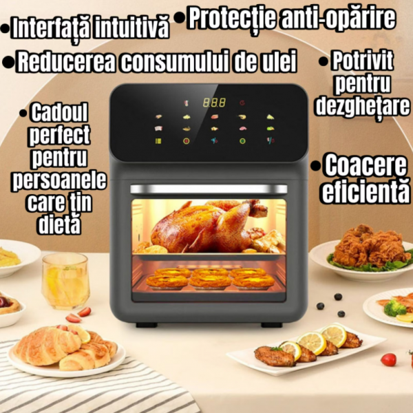 Friteuza cu Aer Cald, Airfryer, Capacitate 8L, 1350W, Gatire pe 3 Nivele, 10 Programe, Multifunctional, Temperatura Ajustabila, Ecran cu Touch Screen, Manusa si 2 Tavi Incluse, Gri