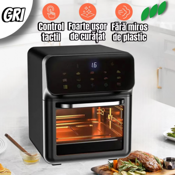 Friteuza cu Aer Cald, Airfryer, Capacitate 8L, 1350W, Gatire pe 3 Nivele, 10 Programe, Multifunctional, Temperatura Ajustabila, Ecran cu Touch Screen, Manusa si 2 Tavi Incluse, Gri