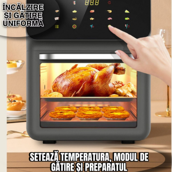 Friteuza cu Aer Cald, Airfryer, Capacitate 8L, 1350W, Gatire pe 3 Nivele, 10 Programe, Multifunctional, Temperatura Ajustabila, Ecran cu Touch Screen, Manusa si 2 Tavi Incluse, Gri
