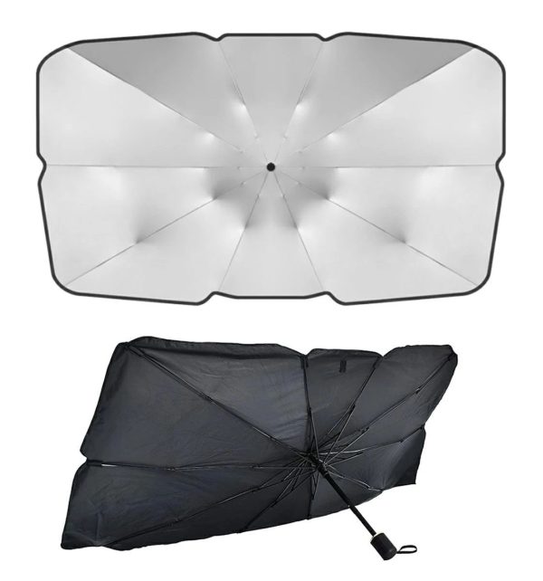 Parasolar parbriz tip umbrela, pliabil, protectie UV, 400g, 130 x 75 cm, gri/negru