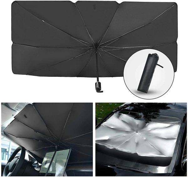 Parasolar parbriz tip umbrela, pliabil, protectie UV, 400g, 130 x 75 cm, gri/negru