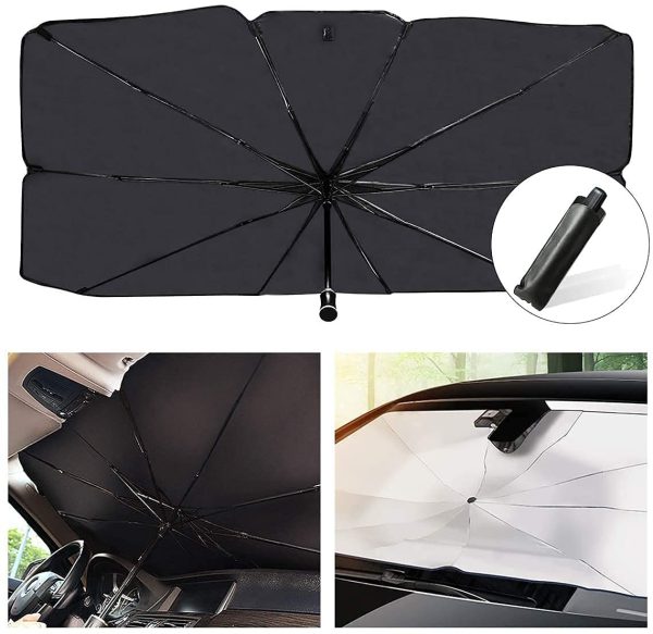 Parasolar parbriz tip umbrela, pliabil, protectie UV, 400g, 130 x 75 cm, gri/negru